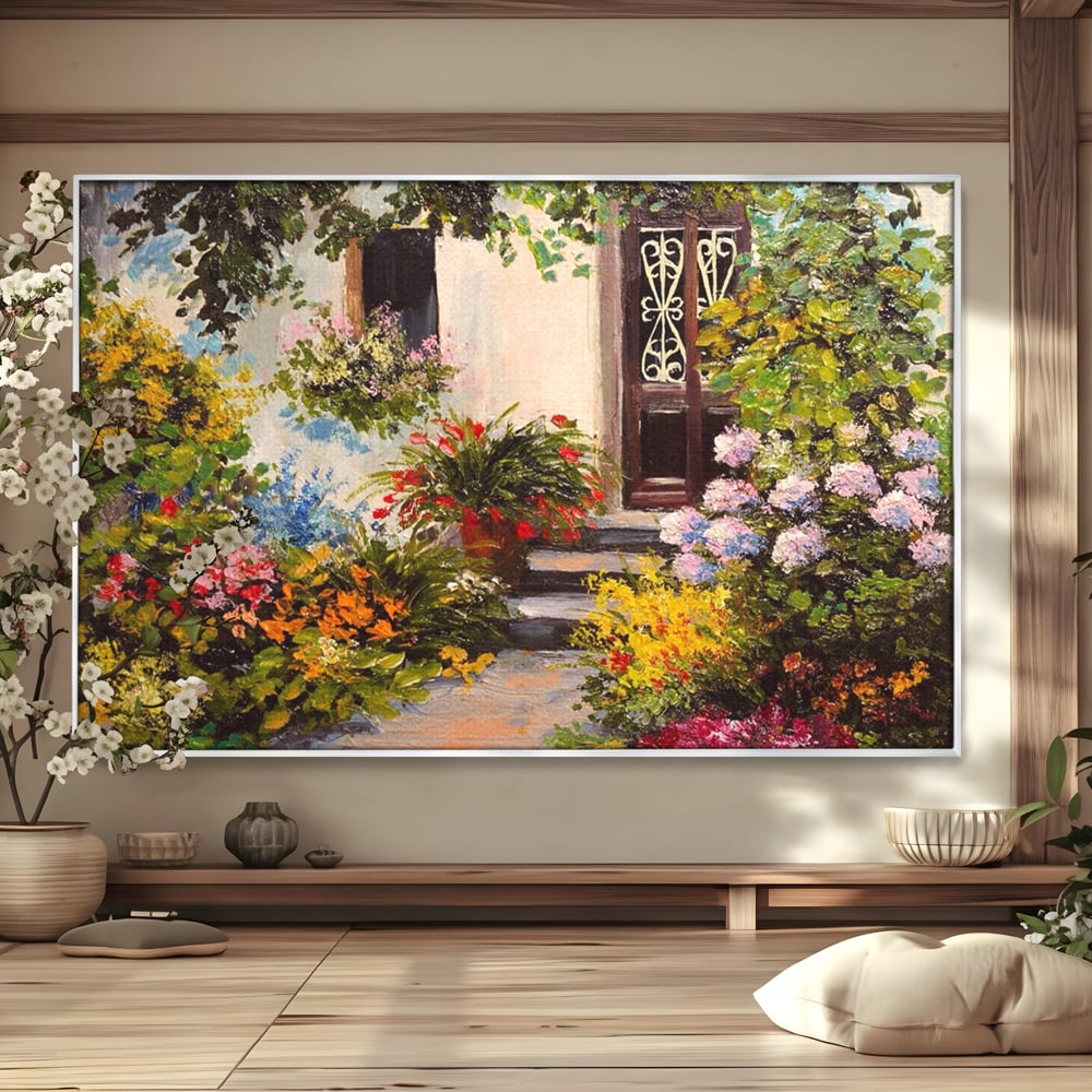Tablou canvas cu tablou canvas cu alee florala si casa, in rama de aluminiu argintiu